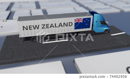 Flag of New Zealand on moving truck and computer keyboard. International shipping related 3d rendering 74402956