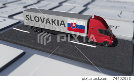 Truck with flag of Slovakia moves on the keyboard key. Export or import related 3d rendering 74402958