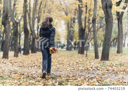 a girl running through the park and enjoys autumn, beautiful nature with yellow leaves a girl running through the park and enjoys autumn, beautiful nature with yellow leaves 74403219