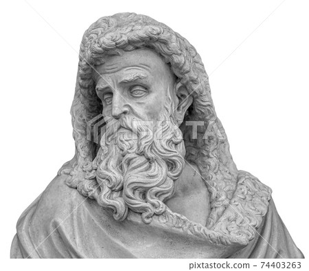 Head and shoulders detail of the ancient man with beard sculpture. Antique face with whiskers statue isolated on white background Head and shoulders detail of the ancient man with beard sculpture. Antique face with whiskers statue isolated on white background 74403263