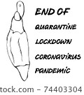 End of lockdown illustration with lettering black on white. Hang the mask on the hook hand drawn image  reference to the end of pandemic of coronavirus and returning back to usual life 74403304