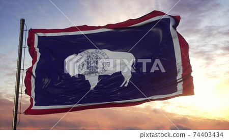 Flag of Wyoming waving in the wind against deep beautiful sky. 3d illustration 74403434