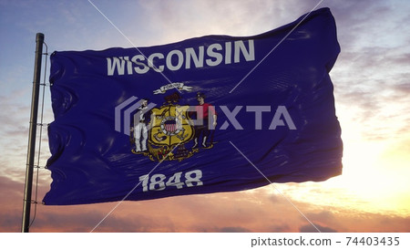 Flag of Wisconsin waving in the wind against deep beautiful sky. 3d illustration Flag of Wisconsin waving in the wind against deep beautiful sky. 3d illustration 74403435
