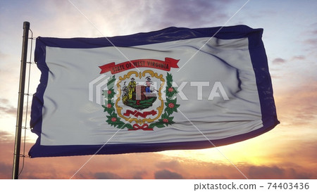 Flag of West Virginia waving in the wind against deep beautiful sky. 3d illustration 74403436