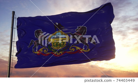 Flag of Pennsylvania waving in the wind against deep beautiful sky. 3d illustration 74403449