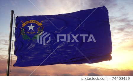Flag of Nevada waving in the wind against deep beautiful sky. 3d illustration Flag of Nevada waving in the wind against deep beautiful sky. 3d illustration 74403459