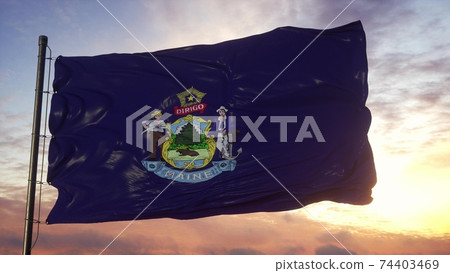 Flag of Maine waving in the wind against deep beautiful sky. 3d illustration 74403469