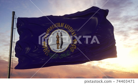 Flag of Kentucky waving in the wind against deep beautiful sky. 3d illustration 74403471