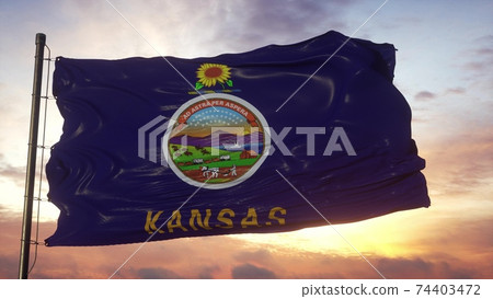 Flag of Kansas waving in the wind against deep beautiful sky. 3d illustration 74403472