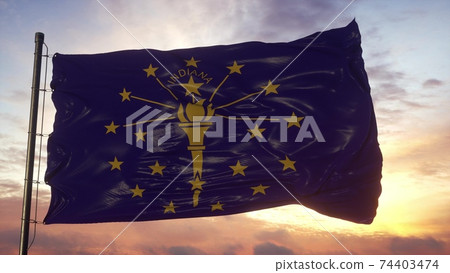 Flag of Indiana waving in the wind against deep beautiful sky. 3d illustration Flag of Indiana waving in the wind against deep beautiful sky. 3d illustration 74403474