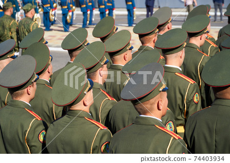 Tiraspol, Transnistria - September 2, 2020: military parade dedicated to the 30th anniversary of independence, soldiers in full dress uniforms, russian text on Chevron - armed forces of Transnistria 74403934