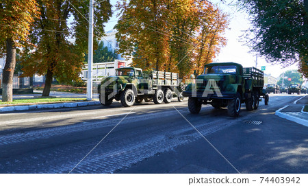 military parade in the city, ordered military equipment, tanks, guns and other weapons in the street for celebration 74403942