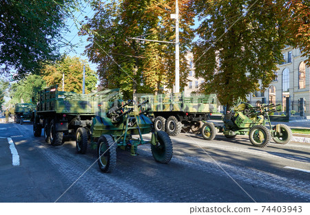 military parade in the city, ordered military equipment, tanks, guns and other weapons in the street for celebration 74403943