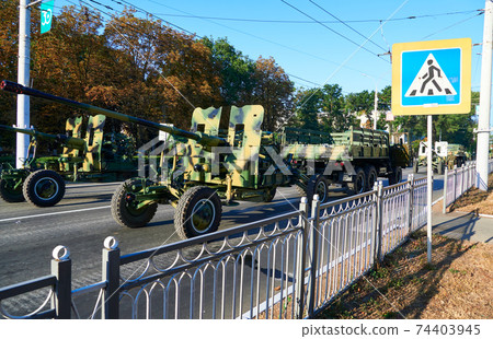 military parade in the city, ordered military equipment, tanks, guns and other weapons in the street for celebration 74403945