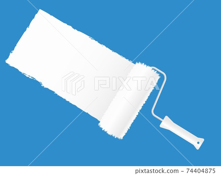 Paint roller dye in white blue background template. Round banner paint brush draws wide strip repainting wall in new color. Paint roller dye in white blue background template. Round banner paint brush draws wide strip repainting wall in new color. 74404875