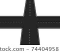 Four way road. Black highway with intersection and white markings traffic. 74404958