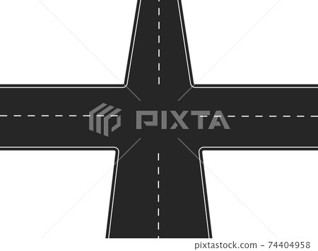 Four way road. Black highway with intersection and white markings traffic. Four way road. Black highway with intersection and white markings traffic. 74404958