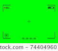Green screen camera with video shooting parameters. Chroma key with viewfinder cross and resoluton photo quiality indicators. 74404960