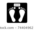 Bathroom scales with foot prints icon. Black object weight control with seat and electronic dial measuring overweight. 74404962