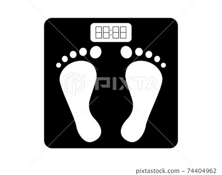 Bathroom scales with foot prints icon. Black object weight control with seat and electronic dial measuring overweight. 74404962
