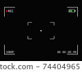 Black screen camera with video shooting parameters. Included camera in dark with viewfinder cross and resoluton photo quiality indicators. 74404965