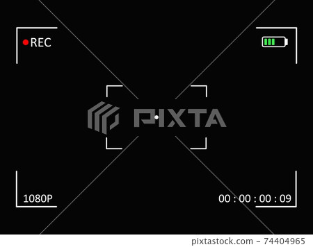 Black screen camera with video shooting parameters. Included camera in dark with viewfinder cross and resoluton photo quiality indicators. 74404965