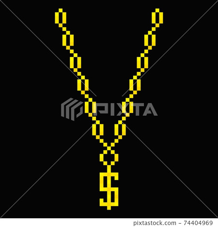 Gold chain with dollar symbol pixel icon. Luxurious rich rapper necklace for game party cultural hip hop. Gold chain with dollar symbol pixel icon. Luxurious rich rapper necklace for game party cultural hip hop. 74404969