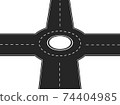 Four way crossroad with round platform in center . Black highway with intersection and road markings traffic speedway with finding right. 74404985