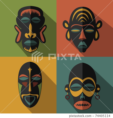Set of African Ethnic Tribal masks on white background 74405114