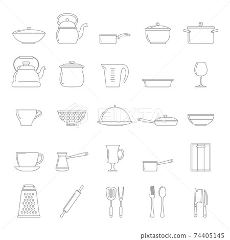 Kitchen dishes icons set in thin line style... - Stock Illustration ...
