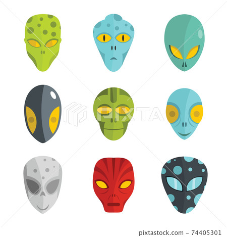 Alien flat face set isolated on white background 74405301