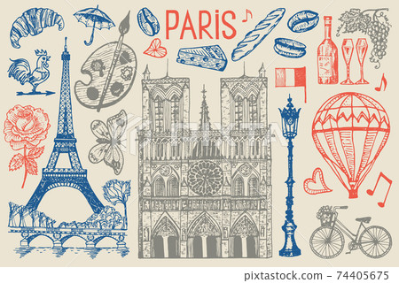 Paris set in vintage retro style. France, eiffel tower and buildings. Retro doodle elements. Vector 74405675