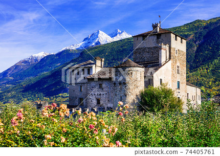 Beautiful medieval castle of Valle d'Aosta - Sarriod de La Tour, Italian Alps Beautiful medieval castle of Valle d'Aosta - Sarriod de La Tour, Italian Alps 74405761