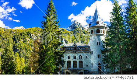 Romantic castles of Valle d'Aosta in alpine mountains . Savoy castle, north of Italy Romantic castles of Valle d'Aosta in alpine mountains . Savoy castle, north of Italy 74405781