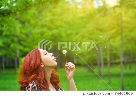 Pretty red-haired woman blows away a dandelion. Pretty red-haired woman blows away a dandelion. 74405909