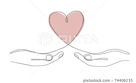 Single continuous line drawing of hands holding a heart on white background. Modern vector illustration for Valentine day banner, web, design element, template, postcard. 74406235