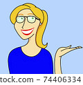 Illustration of a Smiling Blonde Girl Wearing Glasses Holding Her Hand Showing Something	 74406334