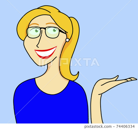 Illustration of a Smiling Blonde Girl Wearing Glasses Holding Her Hand Showing Something	 74406334