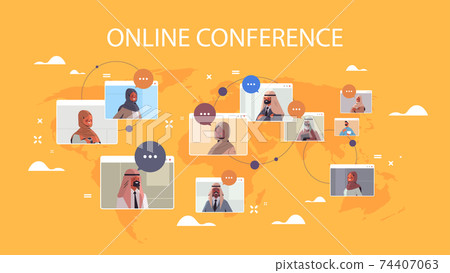 arabic businesspeople in web browser windows discussing during corporate online international conference meeting 74407063