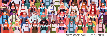 crowd of people in medical masks drinking beer Oktoberfest party celebration coronavirus quarantine concept crowd of people in medical masks drinking beer Oktoberfest party celebration coronavirus quarantine concept 74407091
