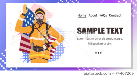 firefighter in uniform holding USA flag happy labor day celebration concept fireman in protection suit firefighter in uniform holding USA flag happy labor day celebration concept fireman in protection suit 74407209