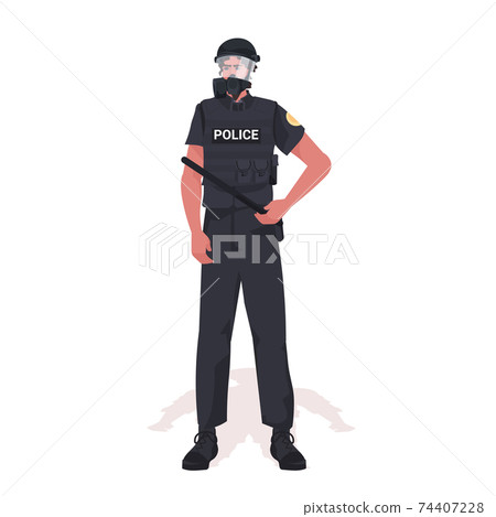policeman in full tactical gear riot police officer holding baton protesters and demonstration riots mass control 74407228