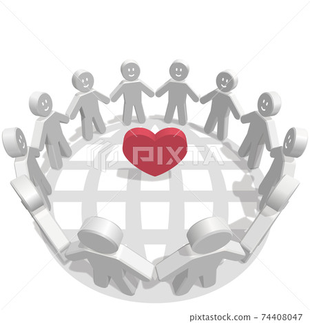 12 smiling circles holding hands on the earth centered on a red heart Monotone vector illustration Background transparent 74408047