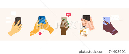 Set of vector illustrations concept of social networks and communications. Various hands holding smartphones. Video call, text chat, payment, email, likes. 74408601