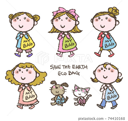 手繪可愛的女孩，狗和貓咪背著書包和環保袋拯救地球 74410168