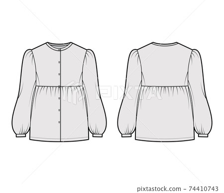 Tunic blouse technical fashion illustration with bouffant long sleeves, stand collar, gathered hem, oversized, button up Tunic blouse technical fashion illustration with bouffant long sleeves, stand collar, gathered hem, oversized, button up 74410743