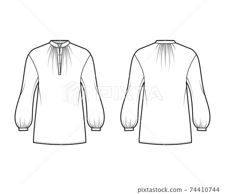 Over blouse technical fashion illustration with bouffant long sleeves, stand halter gathered collar, oversized. Flat Over blouse technical fashion illustration with bouffant long sleeves, stand halter gathered collar, oversized. Flat 74410744