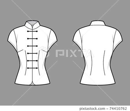 Mandarin blouse technical fashion illustration with cap sleeves, stand neck, fitted body, Frog closure. Flat Chinese  74410762