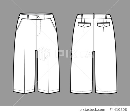 Short Bermuda pants technical fashion illustration with knee length, low waist, rise, slashed pocket. Flat walking 74410808