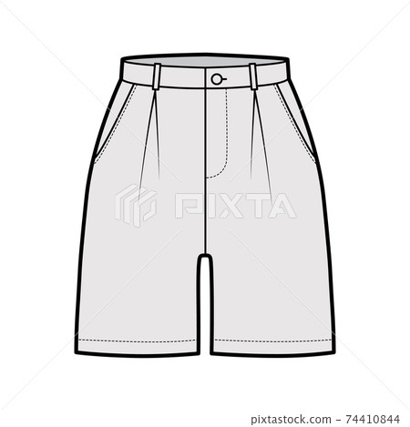 Short pants technical fashion illustration with mid-thigh length, single pleat, normal waist, high rise, slashed pocket. 74410844